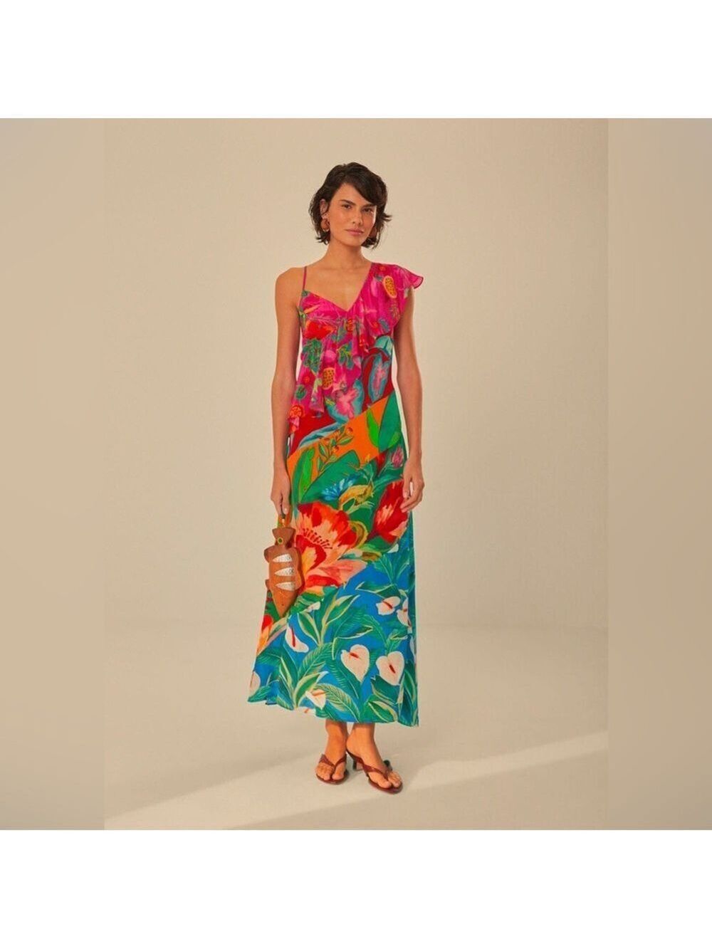Farm Rio Mixed Flowery Rufle One Strap Midi Dress